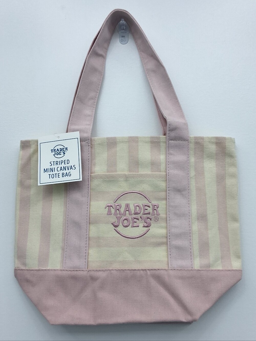 Trader Joe's Pink Striped Mini Canvas Tote Bag W/ Exterior Pocket, New With Tag